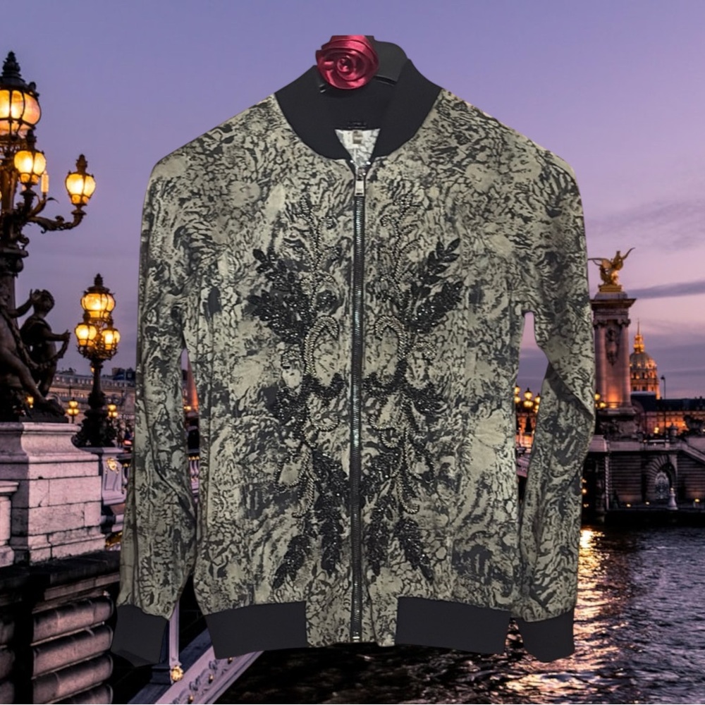 Haute Hippie Silk Green/Black Patterned Bomber Jacket with Full-Length Zipper